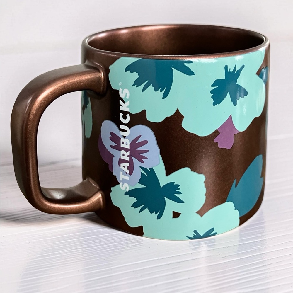 Starbucks 2020 Bronze Copper Purple Coffee Teal Floral Pansies Flowers Mug 14oz